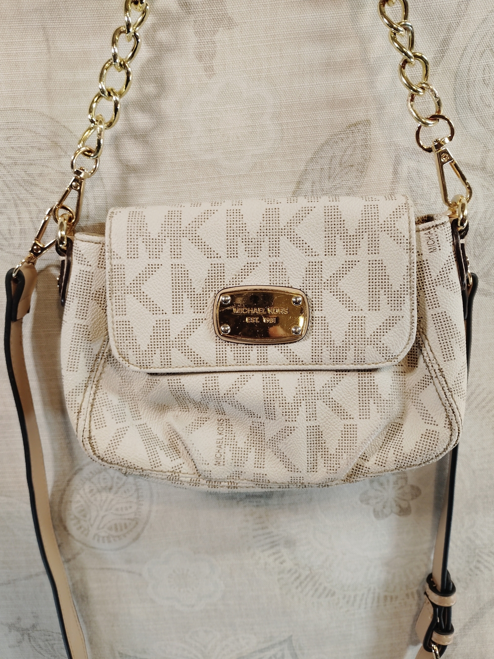 Michael Kors Beige White MK Logo Mini Crossbody Bag with Gold-tone Hardware